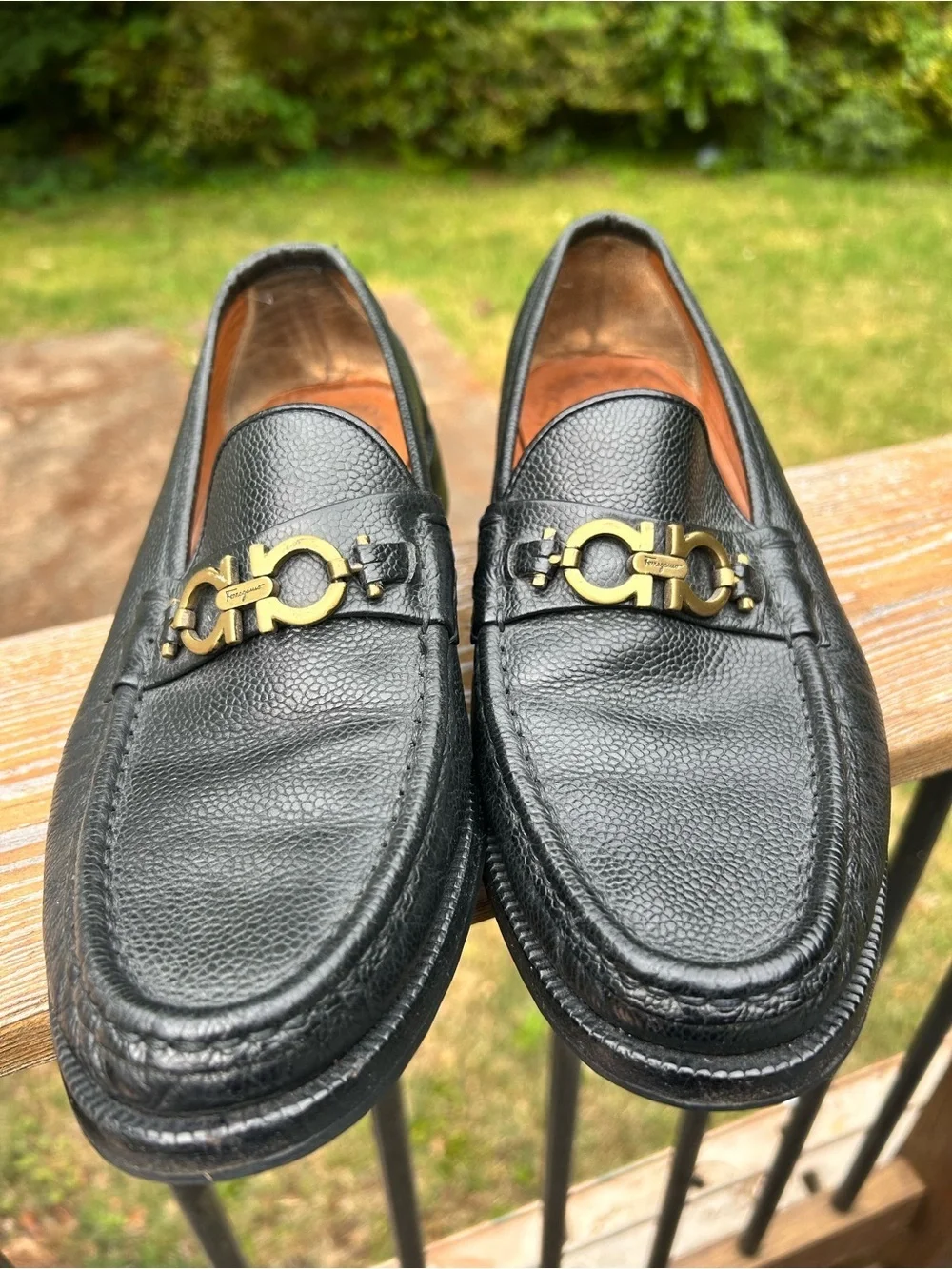 Ferragamo Gancini Bit Loafers Black Pebbled Leather 8.5